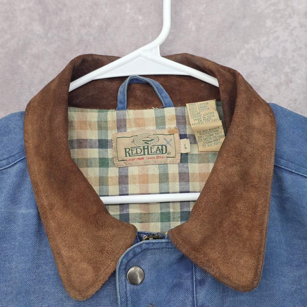 Vintage RedHead Lined Field Jacket Mens Large Blue Canvas Leather Collar Plaid - Picture 6 of 11